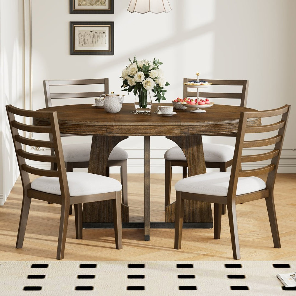 English Elm Trexm Extendable Round Dining Set Oak Veneer Sculptural Base Seats Four to Six Walnut ST000131AAP-2026