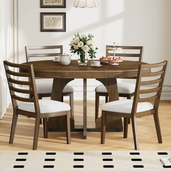 English Elm Trexm Extendable Round Dining Set Oak Veneer Sculptural Base Seats Four to Six Walnut ST000131AAP-2026
