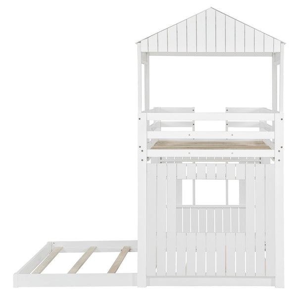 English Elm Wooden Twin Over Full Bunk Bed Farmhouse Playhouse Design with Ladder Guardrails LT000327AAK-1