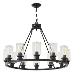 English Elm 9-light Matte Black Wagon Wheel Chandelier Seeded Glass Farmhouse Dining Room W5008P392768