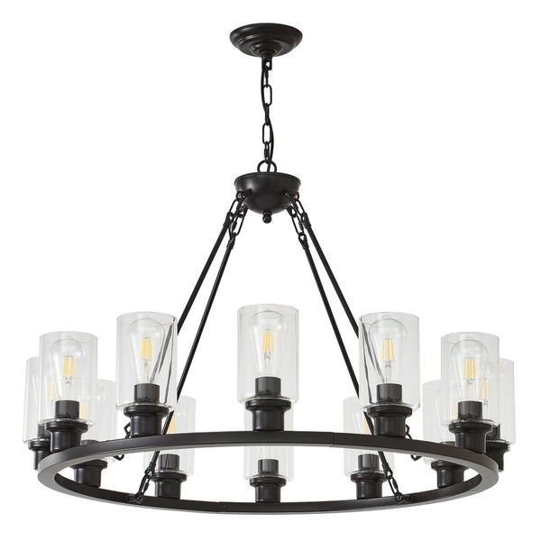 English Elm 9-light Matte Black Wagon Wheel Chandelier Seeded Glass Farmhouse Dining Room W5008P392768