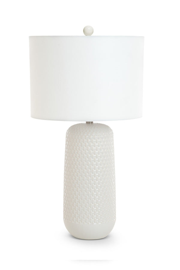HomeRoots Set of Two 30" White Textured Ceramic Table Lamps with Contemporary Drum Shades for Modern Spaces 571281