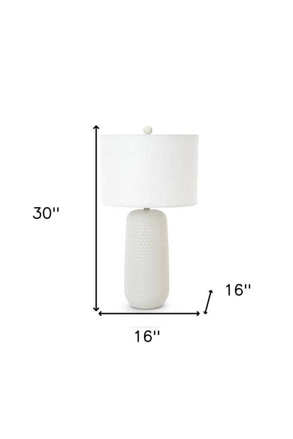 HomeRoots Set of Two 30" White Textured Ceramic Table Lamps with Contemporary Drum Shades for Modern Spaces 571281