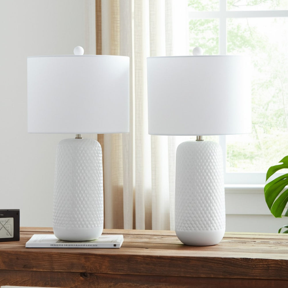 HomeRoots Set of Two 30" White Textured Ceramic Table Lamps with Contemporary Drum Shades for Modern Spaces 571281