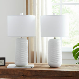 HomeRoots Set of Two 30" White Textured Ceramic Table Lamps with Contemporary Drum Shades for Modern Spaces 571281