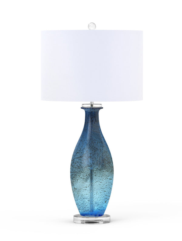 HomeRoots Set of Two 30" Coastal Blue Crystal Glass Table Lamps with Elegant White Drum Shades for Home 571282