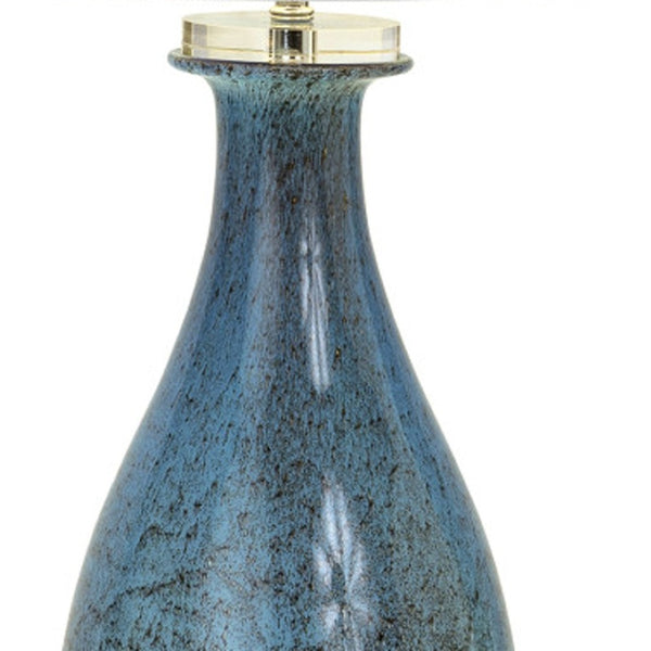 HomeRoots Set of Two 30" Coastal Blue Crystal Glass Table Lamps with Elegant White Drum Shades for Home 571282