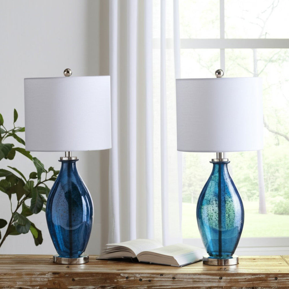 HomeRoots Set of Two 30" Coastal Blue Crystal Glass Table Lamps with Elegant White Drum Shades for Home 571282
