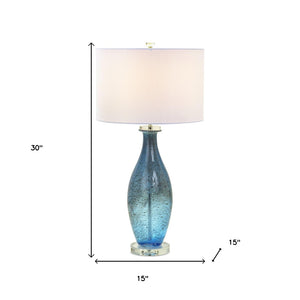 HomeRoots Set of Two 30" Coastal Blue Crystal Glass Table Lamps with Elegant White Drum Shades for Home 571282