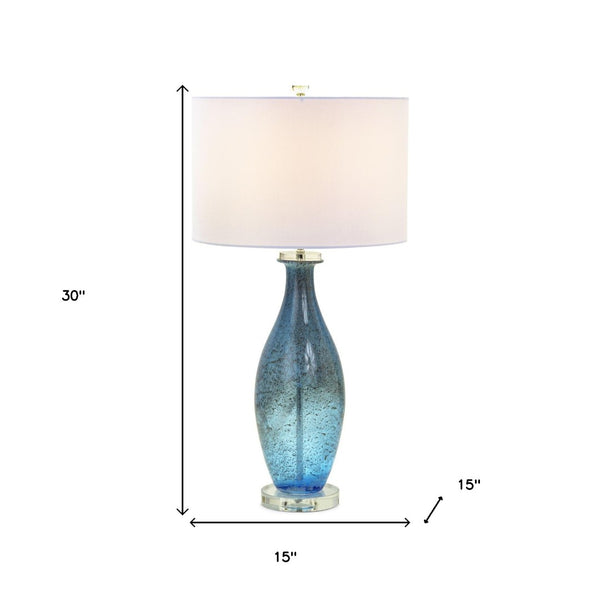 HomeRoots Set of Two 30" Coastal Blue Crystal Glass Table Lamps with Elegant White Drum Shades for Home 571282
