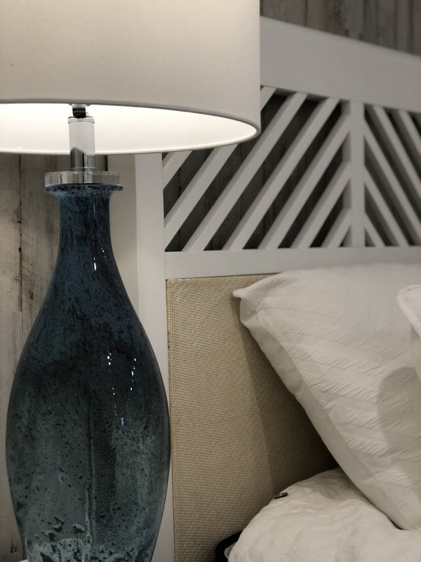 HomeRoots Set of Two 30" Coastal Blue Crystal Glass Table Lamps with Elegant White Drum Shades for Home 571282