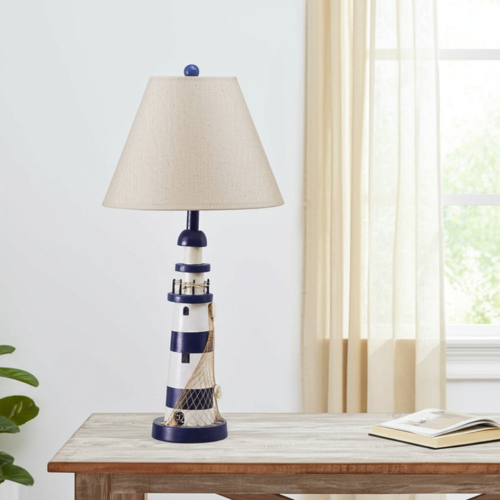 HomeRoots Set of Two 30" Coastal Blue and White Lighthouse USB Table Lamps with Cream Shade for Home Decor 571283