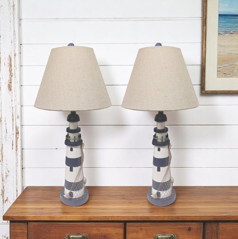 HomeRoots Set of Two 30" Coastal Blue and White Lighthouse USB Table Lamps with Cream Shade for Home Decor 571283