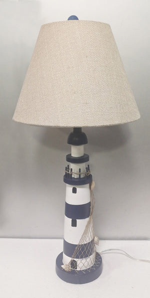 HomeRoots Set of Two 30" Coastal Blue and White Lighthouse USB Table Lamps with Cream Shade for Home Decor 571283