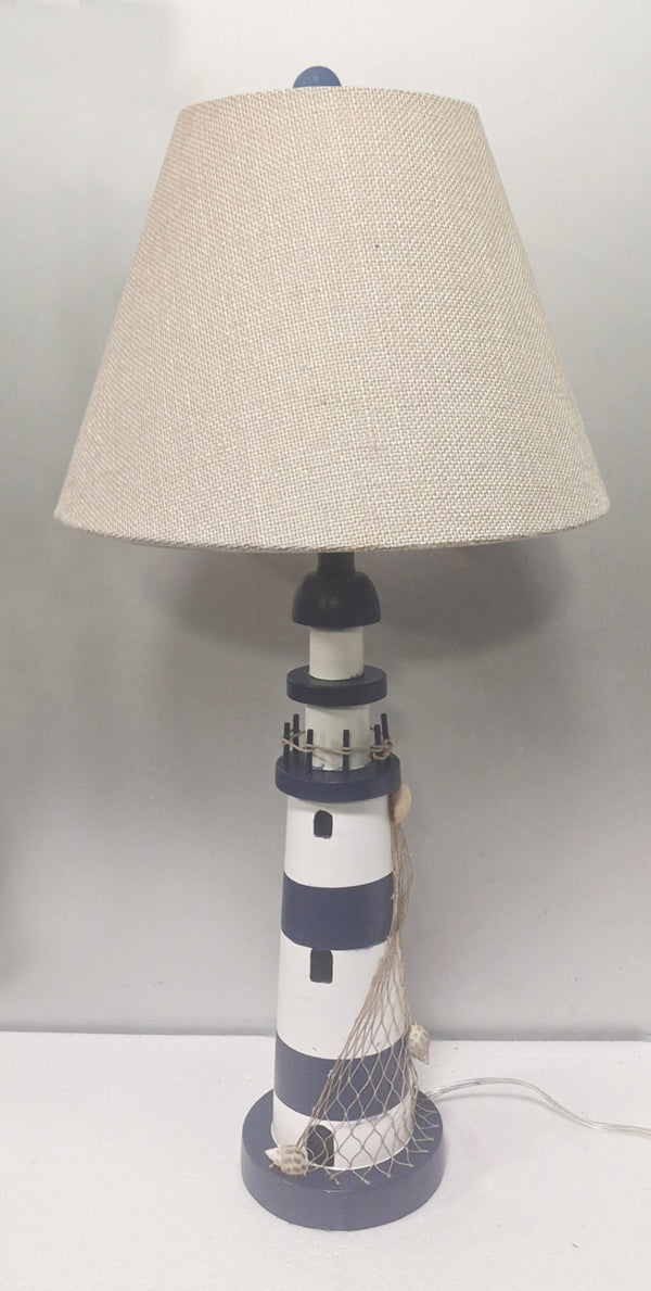 HomeRoots Set of Two 30" Coastal Blue and White Lighthouse USB Table Lamps with Cream Shade for Home Decor 571283