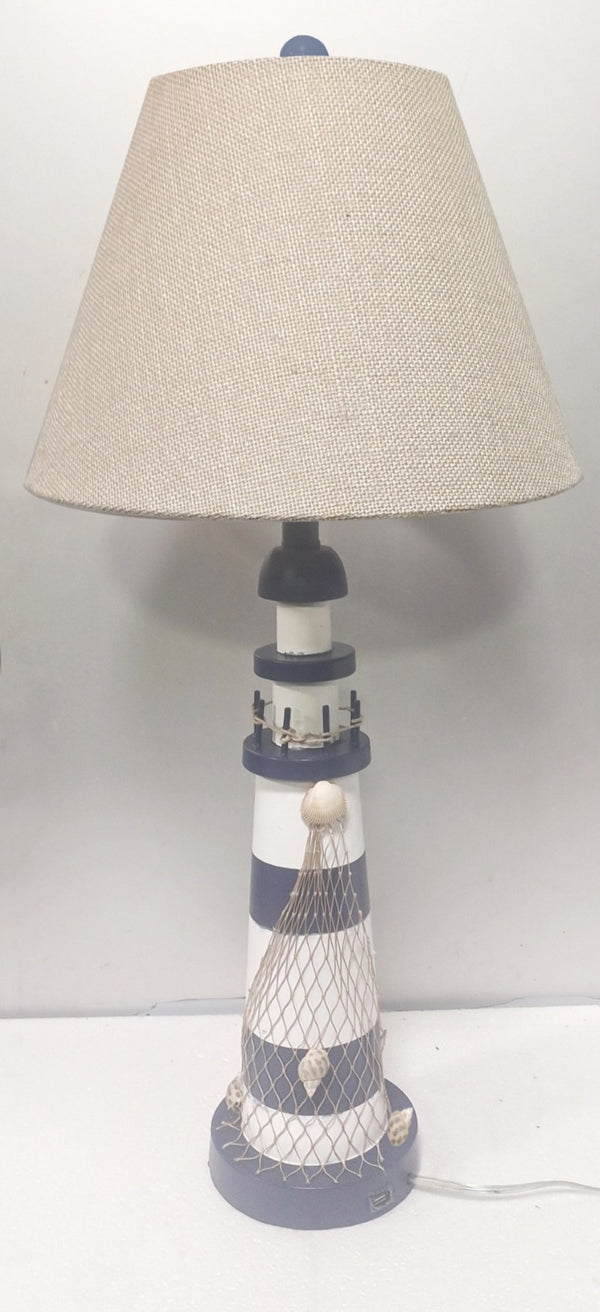 HomeRoots Set of Two 30" Coastal Blue and White Lighthouse USB Table Lamps with Cream Shade for Home Decor 571283