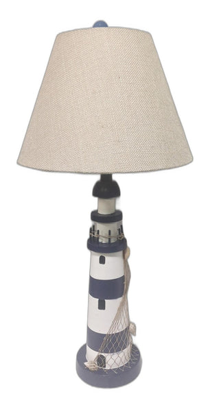 HomeRoots Set of Two 30" Coastal Blue and White Lighthouse USB Table Lamps with Cream Shade for Home Decor 571283