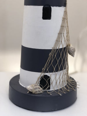 HomeRoots Set of Two 30" Coastal Blue and White Lighthouse USB Table Lamps with Cream Shade for Home Decor 571283