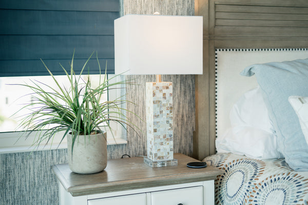 Homeroots Set Of Two 28" Beige Mother Of Pearl Table Lamps With Elegant White Linen Shades For Home Décor   571285