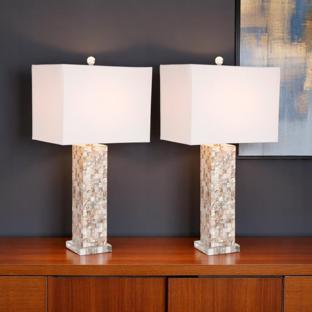 HomeRoots Set of Two 28" Beige Mother-of-Pearl Table Lamps with White Linen Shades for Elegant Lighting Decor 571285