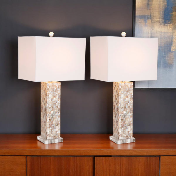 Homeroots Set Of Two 28" Beige Mother Of Pearl Table Lamps With Elegant White Linen Shades For Home Décor   571285