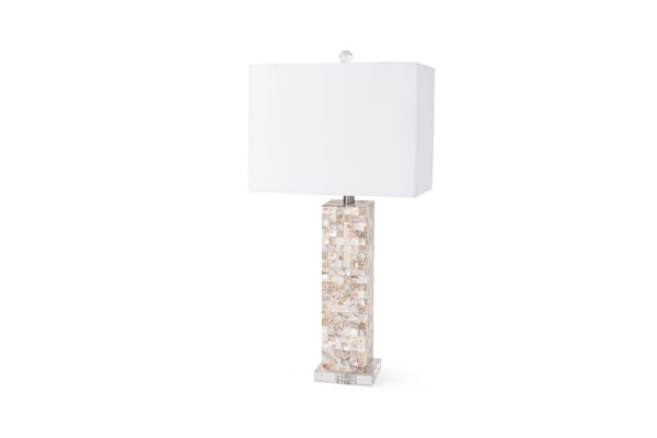 HomeRoots Set of Two 28" Beige Mother-of-Pearl Table Lamps with White Linen Shades for Elegant Lighting Decor 571285