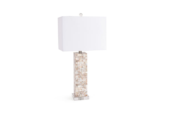 HomeRoots Set of Two 28" Beige Mother-of-Pearl Table Lamps with White Linen Shades for Elegant Lighting Decor 571285