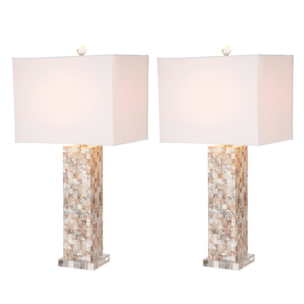 Homeroots Set Of Two 28" Beige Mother Of Pearl Table Lamps With Elegant White Linen Shades For Home Décor   571285