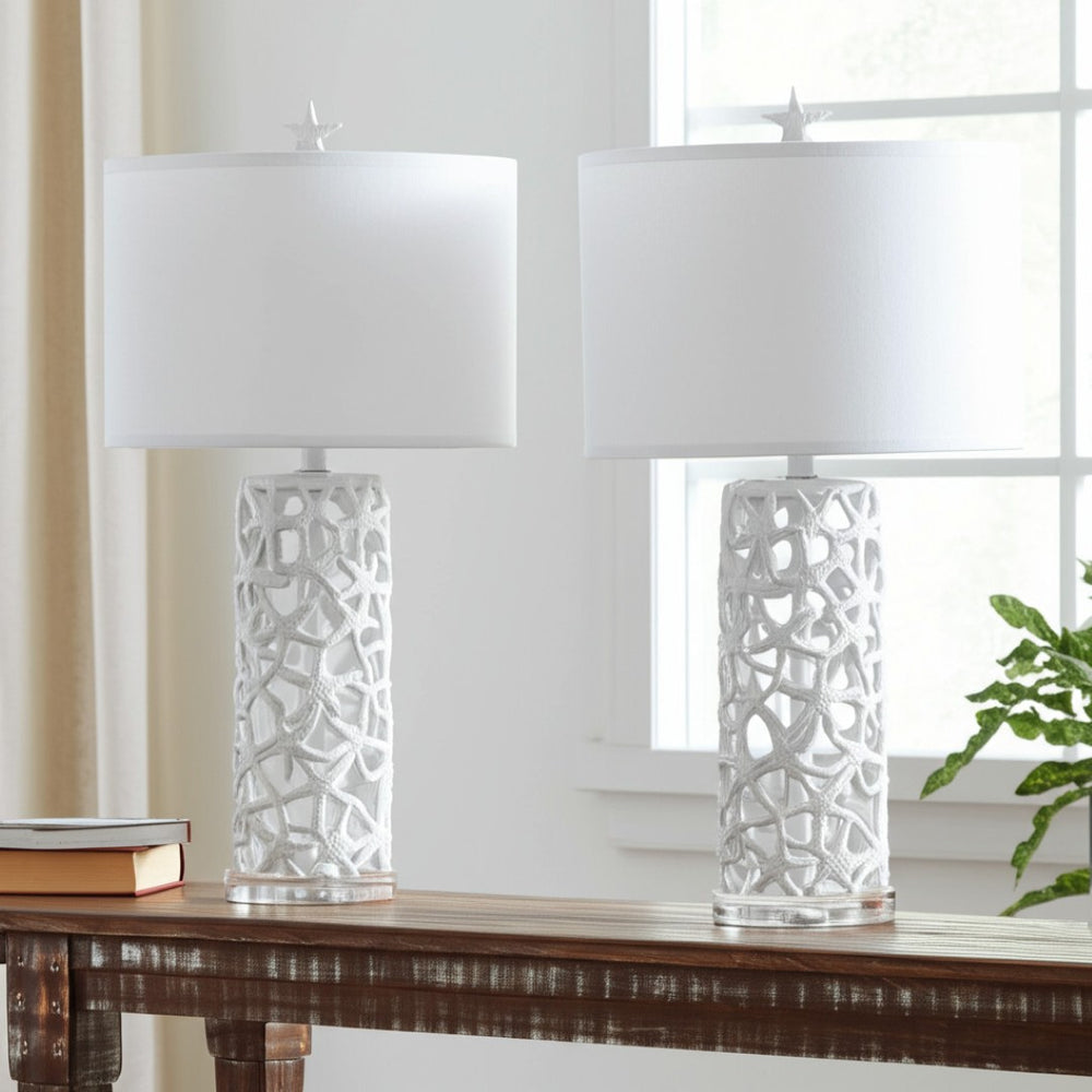 HomeRoots Set of Two 30" Coastal Starfish Table Lamps with White Drum Shades - Beachy Home Décor Accent 571287