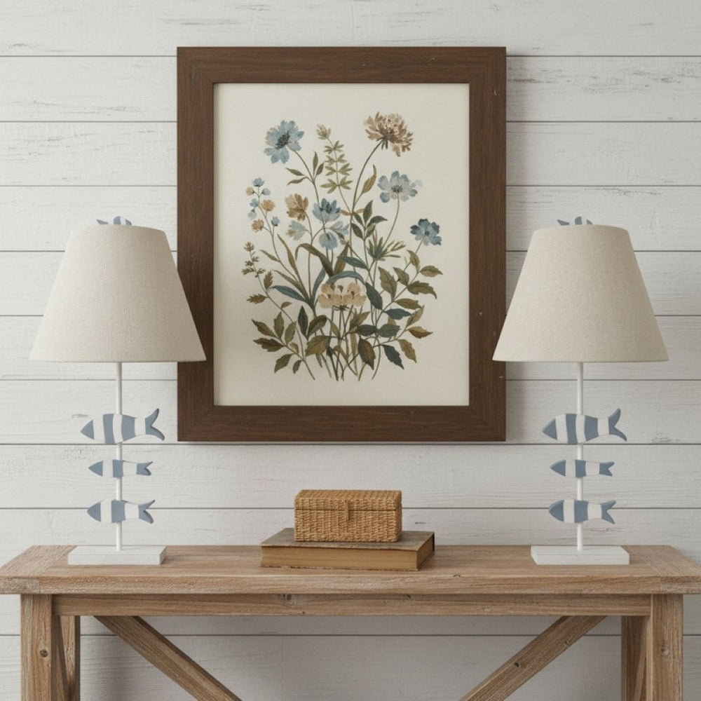 HomeRoots Set of Two Coastal Blue Table Lamps with Tan Burlap Shade for Stylish Home Decor and Ambiance 571289
