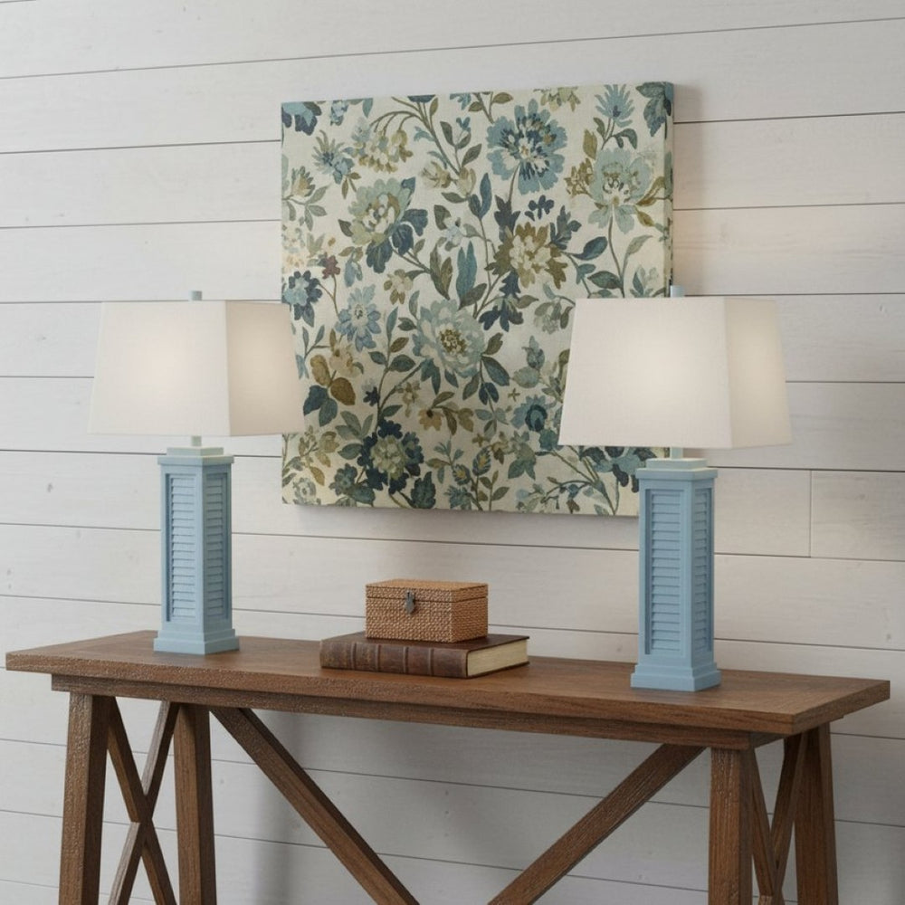 HomeRoots Set of Two 32" Blue Table Lamps with USB Charging & White Cone Shade for Modern Home Decor 571291