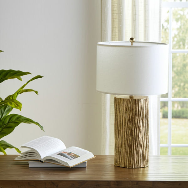 HomeRoots Set of Two 30" Gold USB Table Lamps with White Linen Shades for Elegant Home Ambiance & Style 571292