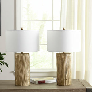 HomeRoots Set of Two 30" Gold USB Table Lamps with White Linen Shades for Elegant Home Ambiance & Style 571292
