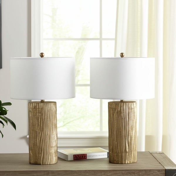 HomeRoots Set of Two 30" Gold USB Table Lamps with White Linen Shades for Elegant Home Ambiance & Style 571292