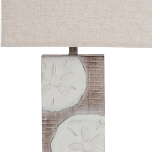 HomeRoots Set of Two Coastal Sand Dollar Table Lamps with USB Ports & Tan Linen Shades for Beachy Decor 571293