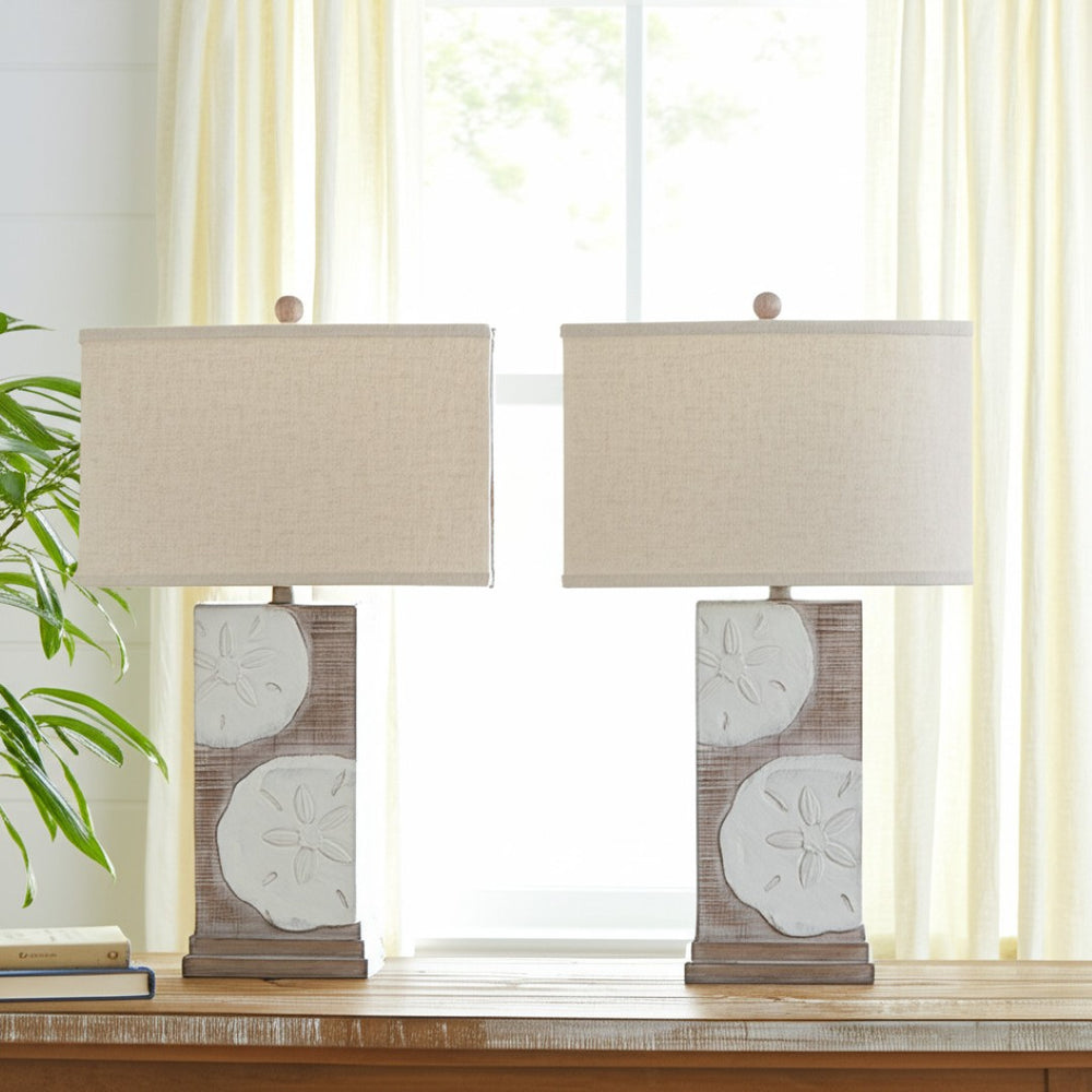 HomeRoots Set of Two Coastal Sand Dollar Table Lamps with USB Ports & Tan Linen Shades for Beachy Decor 571293