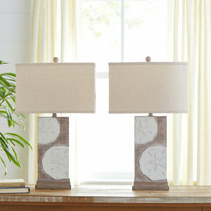 HomeRoots Set of Two Coastal Sand Dollar Table Lamps with USB Ports & Tan Linen Shades for Beachy Decor 571293