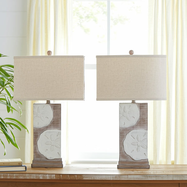 HomeRoots Set of Two Coastal Sand Dollar Table Lamps with USB Ports & Tan Linen Shades for Beachy Decor 571293