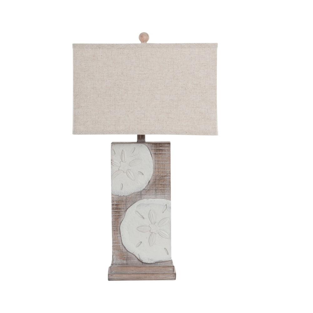 HomeRoots Set of Two Coastal Sand Dollar Table Lamps with USB Ports & Tan Linen Shades for Beachy Decor 571293