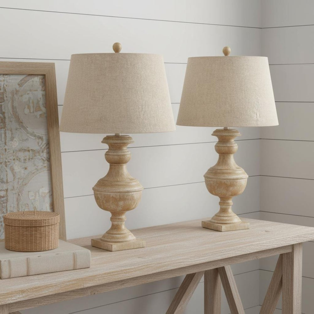 HomeRoots Set of Two 32" Coastal Distressed Beige Table Lamps with Tan Linen Shades for Stylish Lighting 571295