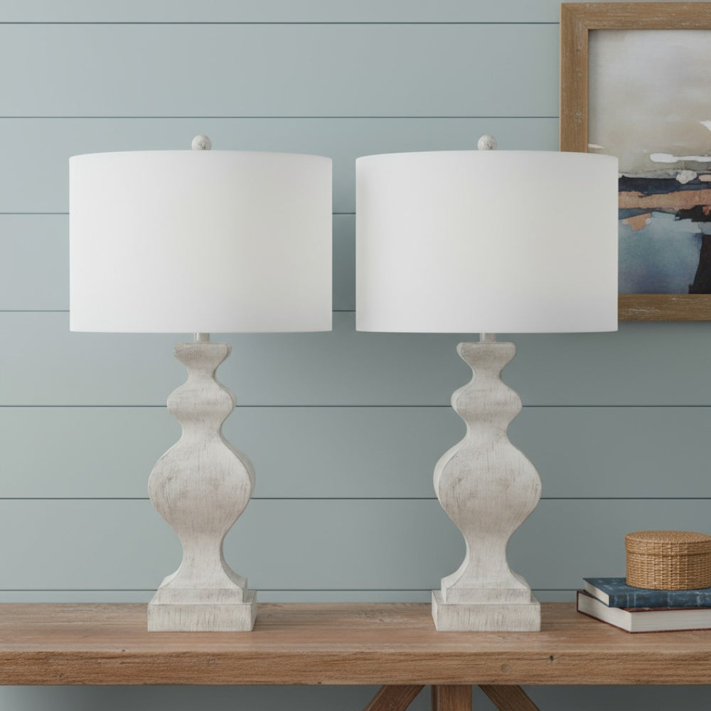 HomeRoots Set of Two 30" Distressed White Table Lamps with USB Ports & Elegant Cone Shades for Any Decor 571297
