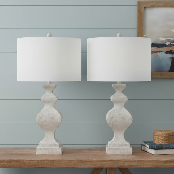 HomeRoots Set of Two 30" Distressed White Table Lamps with USB Ports & Elegant Cone Shades for Any Decor 571297
