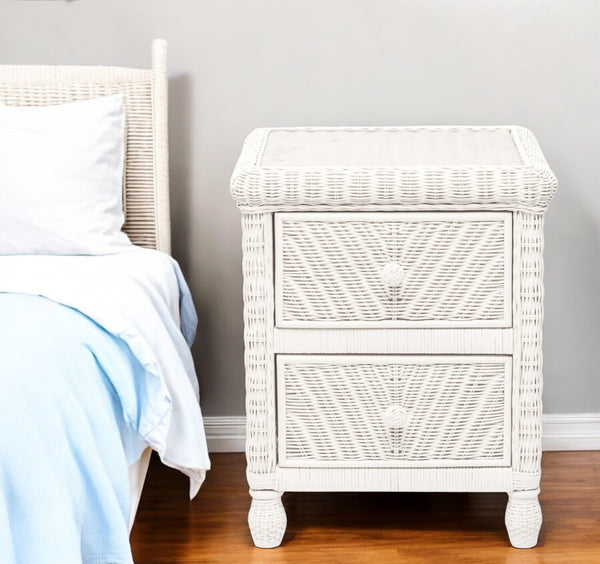 Homeroots 26" Elegant White Wicker And Glass Nightstand With 2 Drawers For Bedroom Storage And Style Upgrade   571340