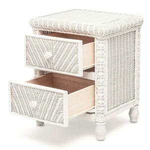 Homeroots 26" Elegant White Wicker And Glass Nightstand With 2 Drawers For Bedroom Storage And Style Upgrade   571340