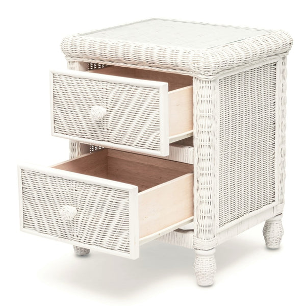 Homeroots 26" Elegant White Wicker And Glass Nightstand With 2 Drawers For Bedroom Storage And Style Upgrade   571340