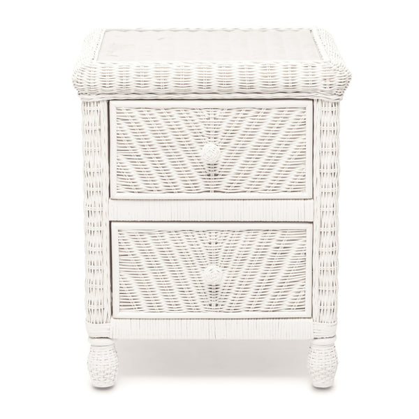 Homeroots 26" Elegant White Wicker And Glass Nightstand With 2 Drawers For Bedroom Storage And Style Upgrade   571340