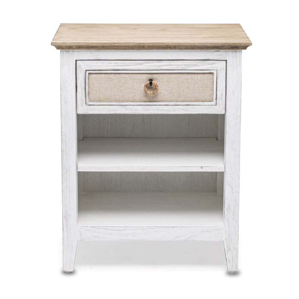 HomeRoots 28" Rustic Coastal Solid Wood Nightstand with USB Ports, One Drawer & Open Shelves for Versatility 571343