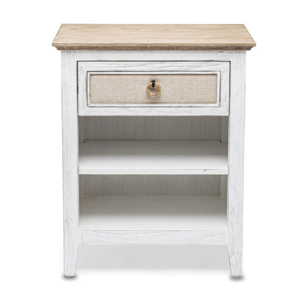 HomeRoots 28" Rustic Coastal Solid Wood Nightstand with USB Ports, One Drawer & Open Shelves for Versatility 571343