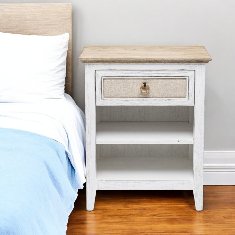Homeroots 28" Rustic White And Natural Solid Wood Nightstand With Usb Port, One Drawer And 2 Shelves For Storage   571343