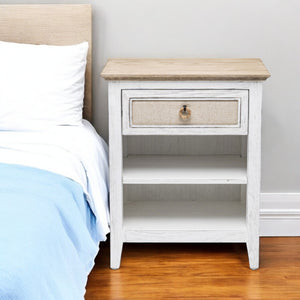 Homeroots 28" Rustic White And Natural Solid Wood Nightstand With Usb Port, One Drawer And 2 Shelves For Storage   571343